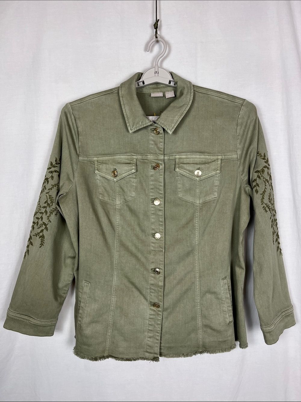 Chicos Green Denim Long Sleeve Floral Embroidered Jacket
